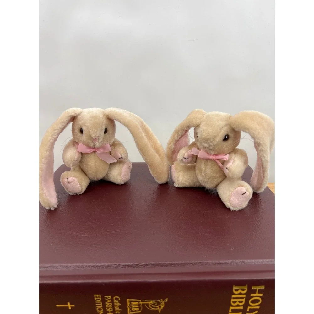 Vtg Wangs Int'l Jointed Plush Bunny Rabbit Pair Twins Pink Bow Floppy Ears 5